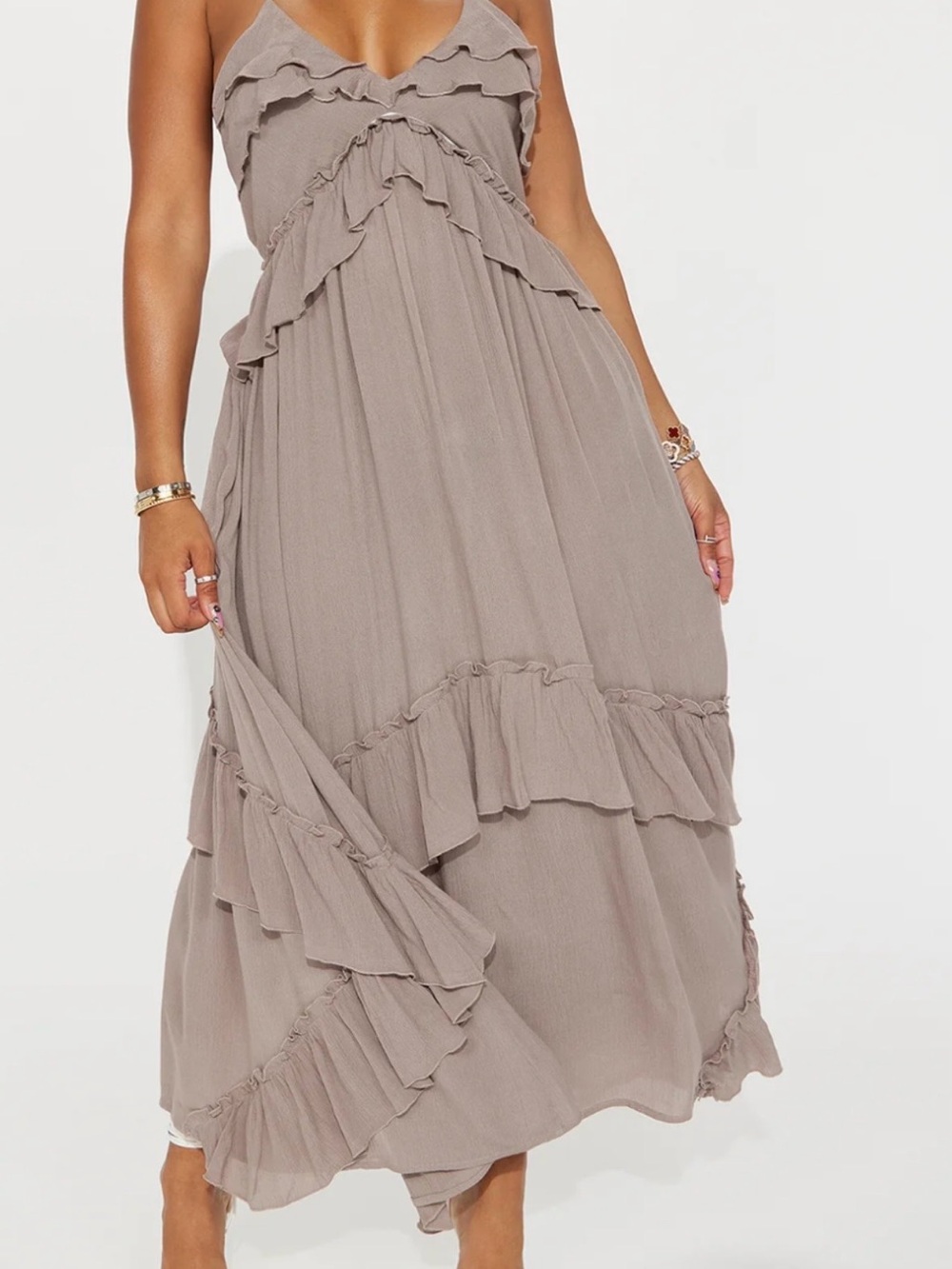 Taupe Ruffle Tiered Maxi Dress